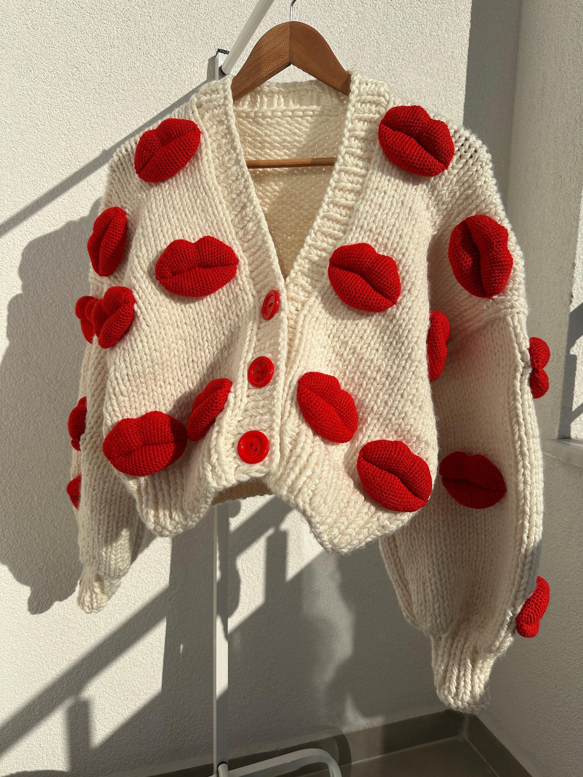 Chunky Knit Lips Cardigan, Handmade Oversized Kiss Sweater, Red Chunky Knit Lips Cardigan, Handmade Oversized Kiss Sweater, Red