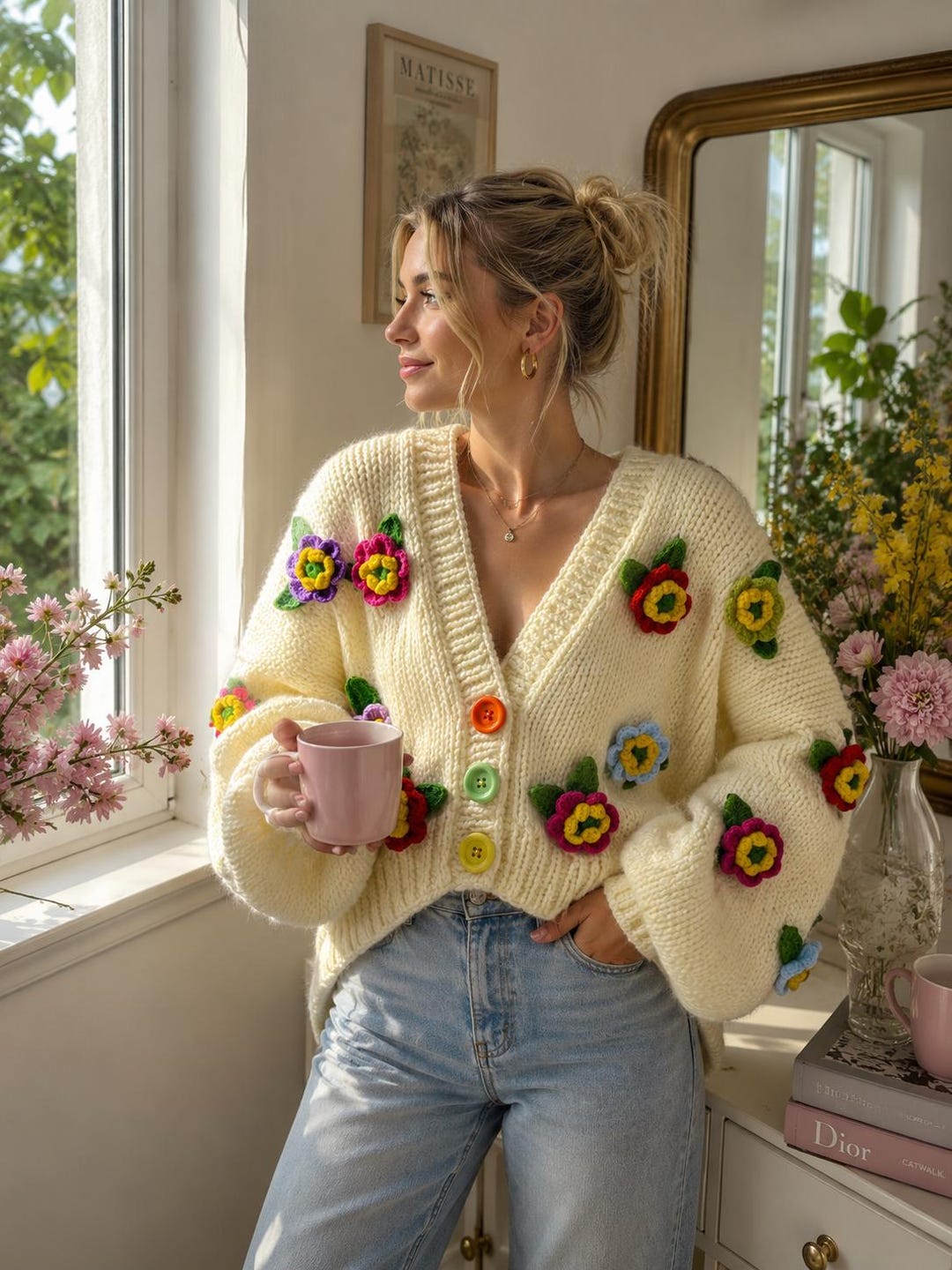 Spring Floral Cardigan Handmade Flower Cardigan, Colorful Crochet Floral Sweater, Chunky Knit ...
