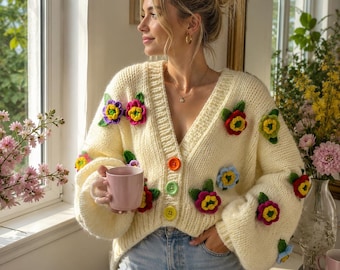 Cardigan floreale fatto a mano, maglione floreale all'uncinetto colorato, cardigan a maglia grossa, abbigliamento cottagecore, cardigan oversize boho