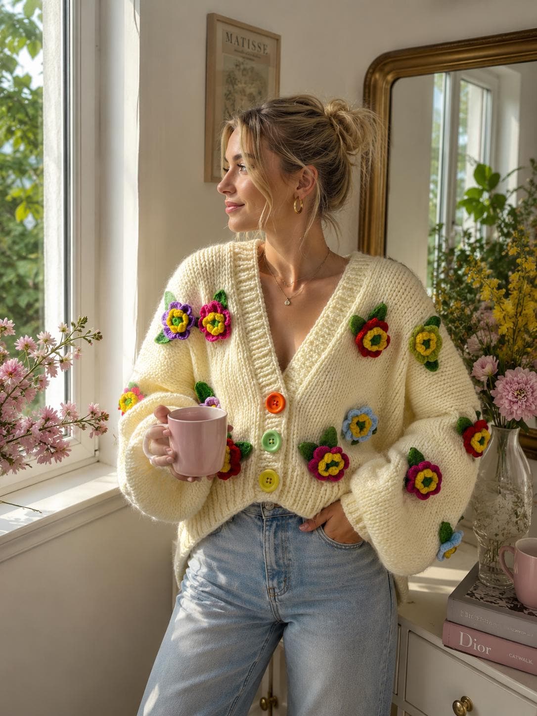 Handmade Flower Cardigan, Colorful Crochet Floral Sweater, Chunky