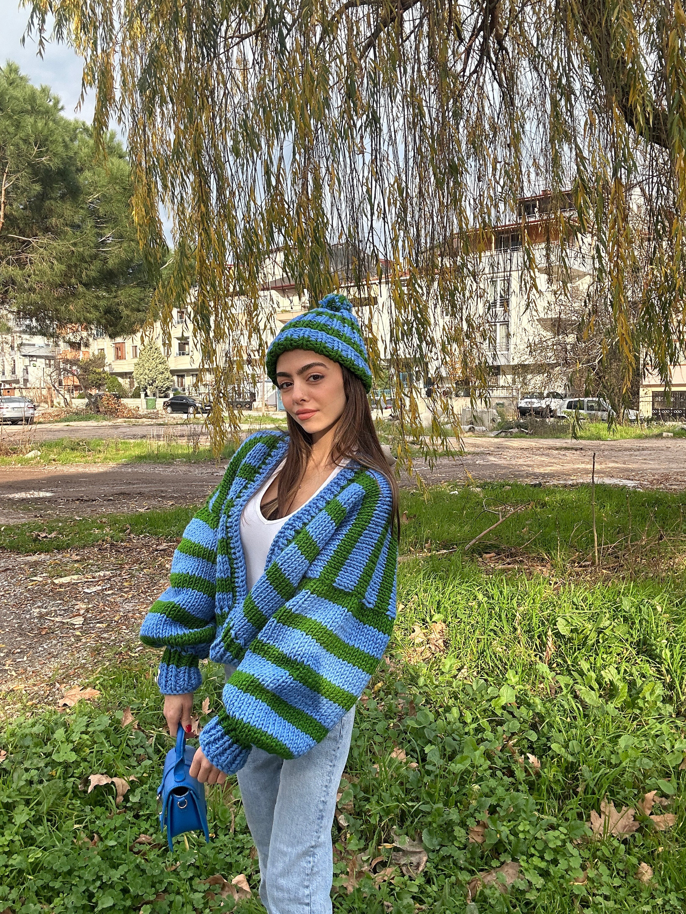 Leilayca Blue Green Striped Oversize Balloon Sleeve Cardigan and