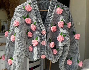 Grey/pink Cardigan, Chunky Cropped Cardigan for Woman , Grey