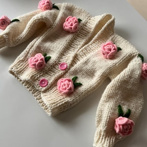 Handmade Baby Knit Cardigan: Pink Rose Embroidered Jacket,baby sweater with flowers,baby shower gift,handmade baby clothing,Newborn Gift