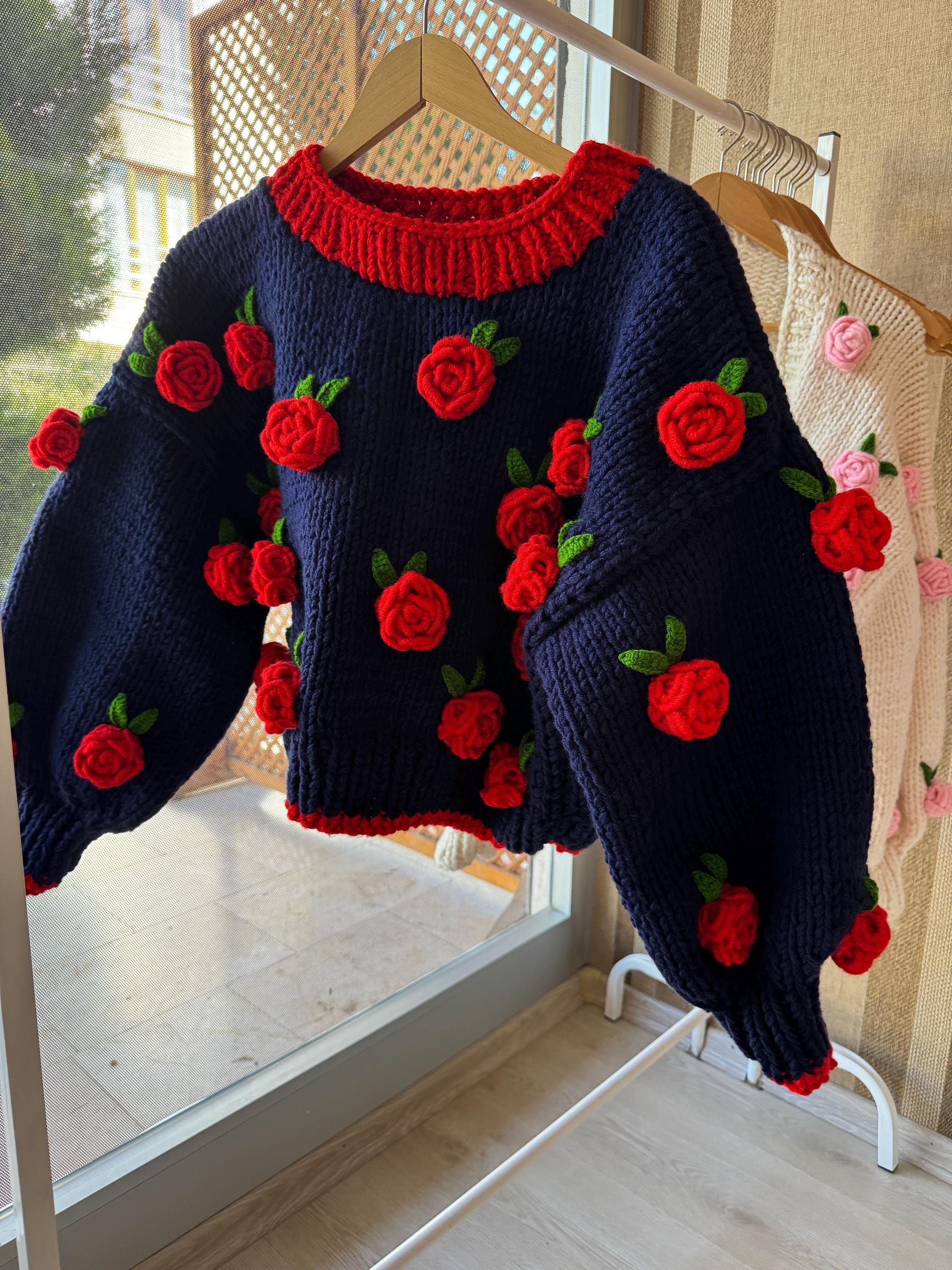 Leilayca Handmade Navy Blue Sweater With Red Roses,handmade Floral