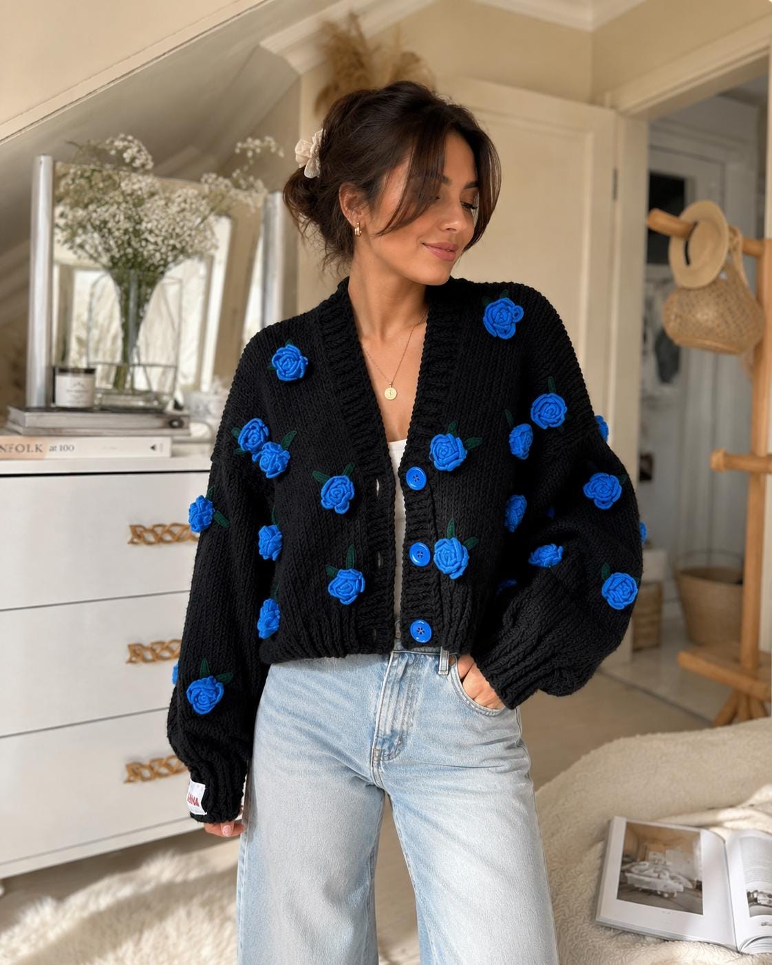 Handmade Dark Romance Black Chunky Knit Cardigan With Blue Roses