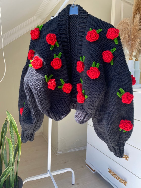 Leilayca Black Oversize Cardigan With Red Roses,handmade Floral