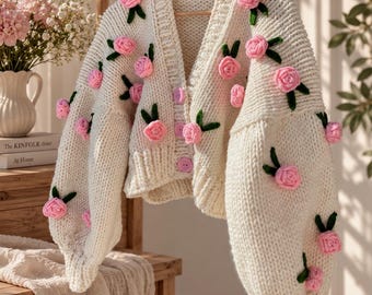 Leilayca Pink Roses Cardigan , Chunky Cropped Cardigan for Woman