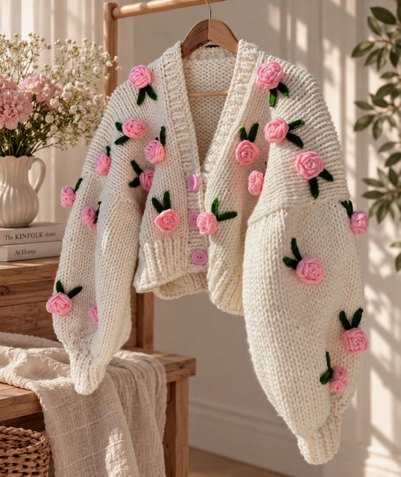 Leilayca Pink Roses Cardigan , Chunky Cropped Cardigan for Woman