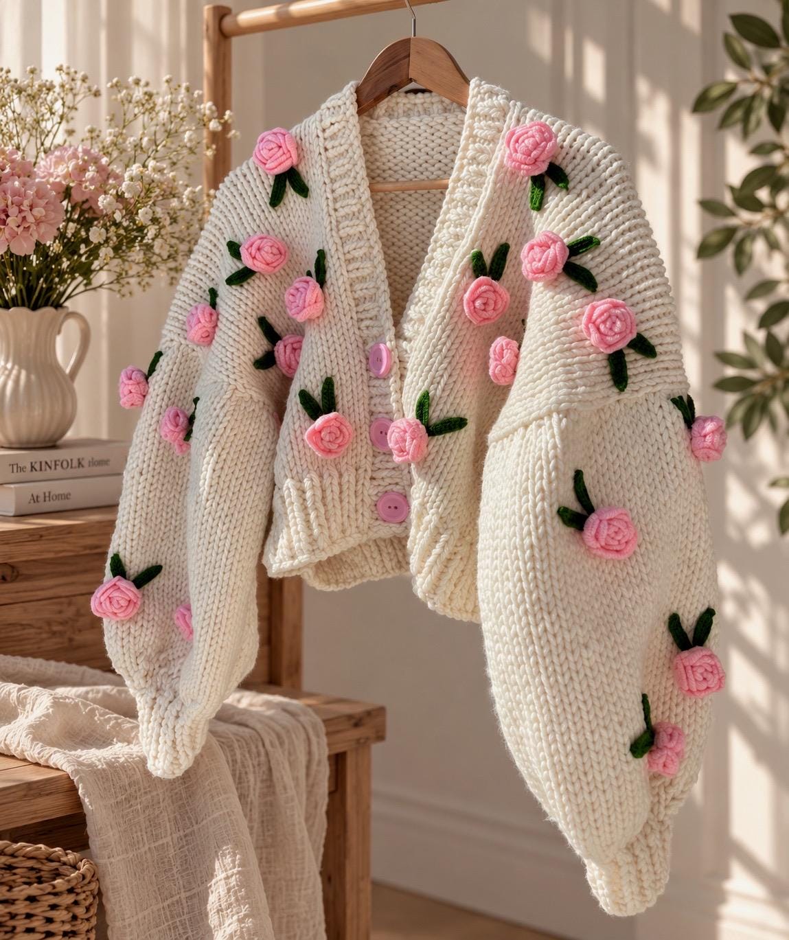 Leilayca Pink Roses Cardigan , Chunky Cropped Cardigan for Woman