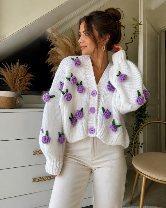 Handmade Lavender Rose Cardigan, Chunky Knit Flower Sweater