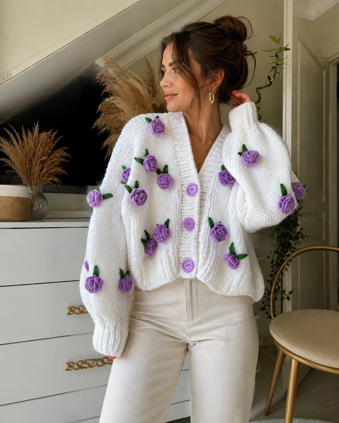 Handmade Lavender Rose Cardigan, Chunky Knit Flower Sweater