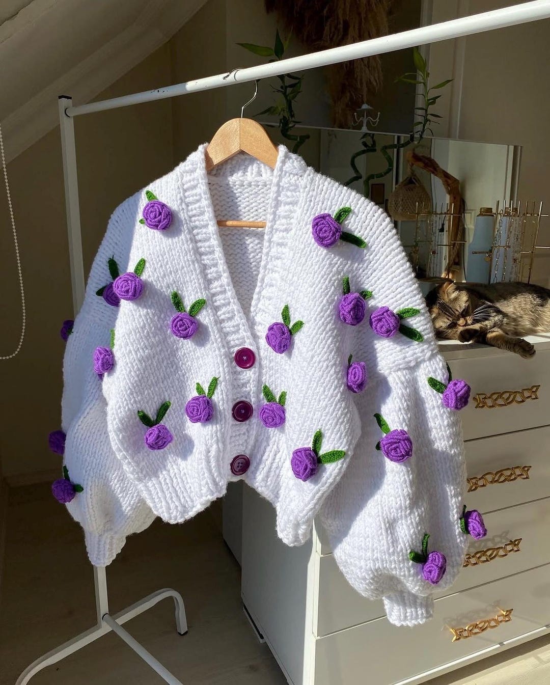Leilayca Purple Roses Cardigan , Chunky Cropped Cardigan for Woman