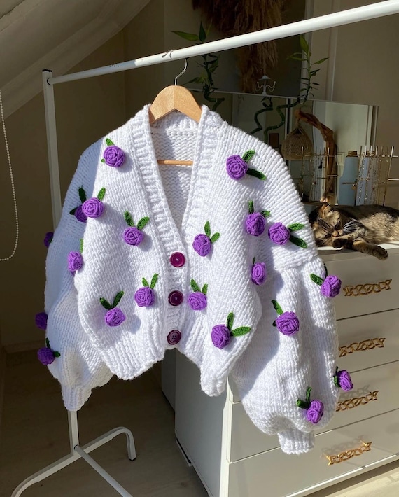Leilayca Purple Roses Cardigan , Chunky Cropped Cardigan for Woman