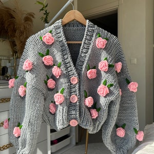 Grey/Pink Cardigan, Chunky Cropped Cardigan For Woman , Grey Sweater With Pink flowers , Unique gift for women , Vintage Roses