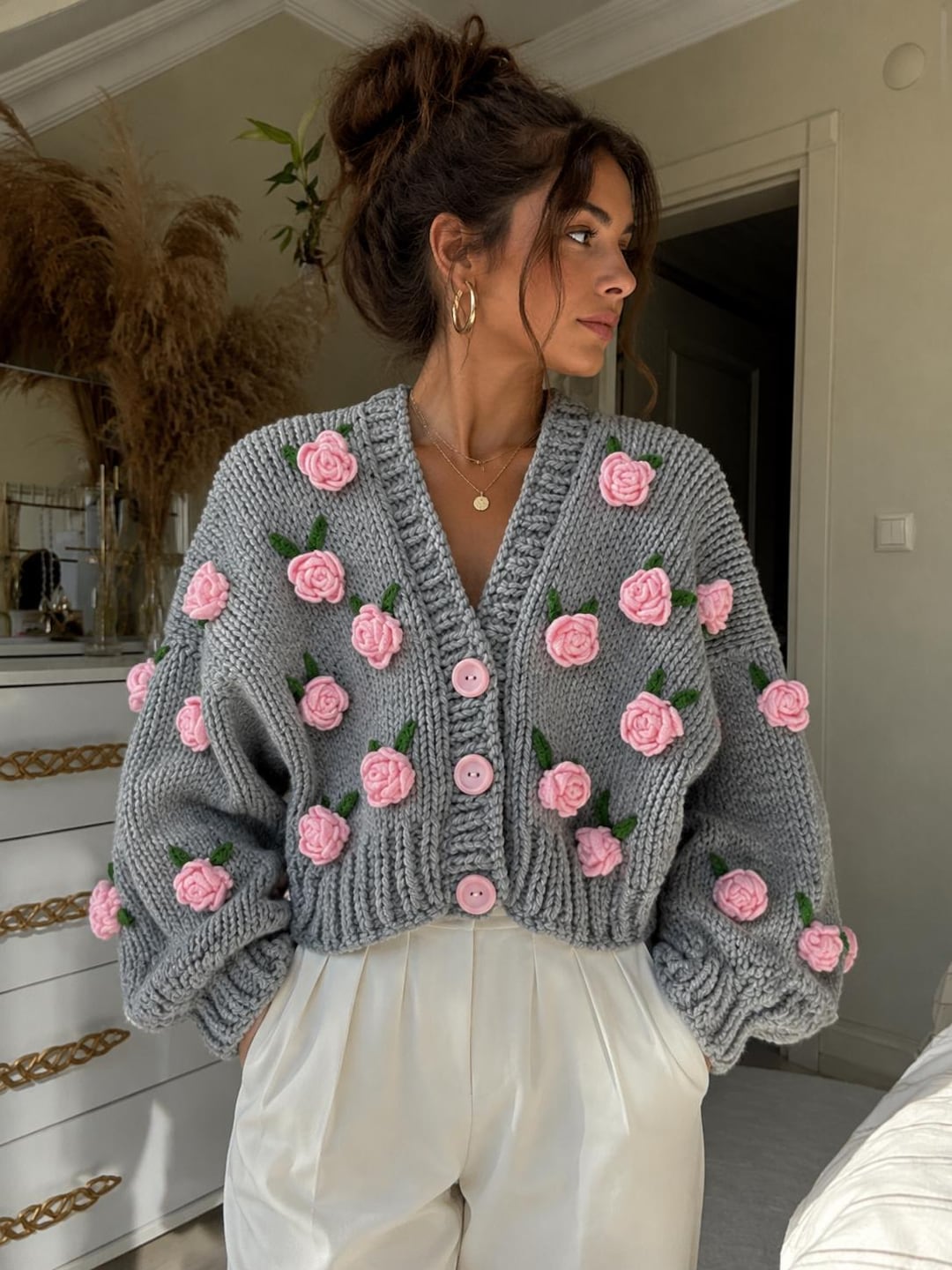 Handmade Gray,pink Rose Cardigan, Gray Chunky Knit Sweater