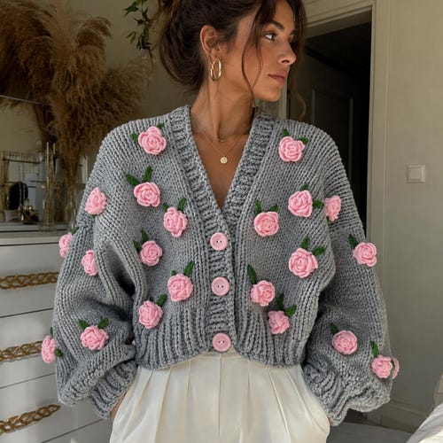 Handmade Gray,pink Rose Cardigan, Gray Chunky Knit Sweater