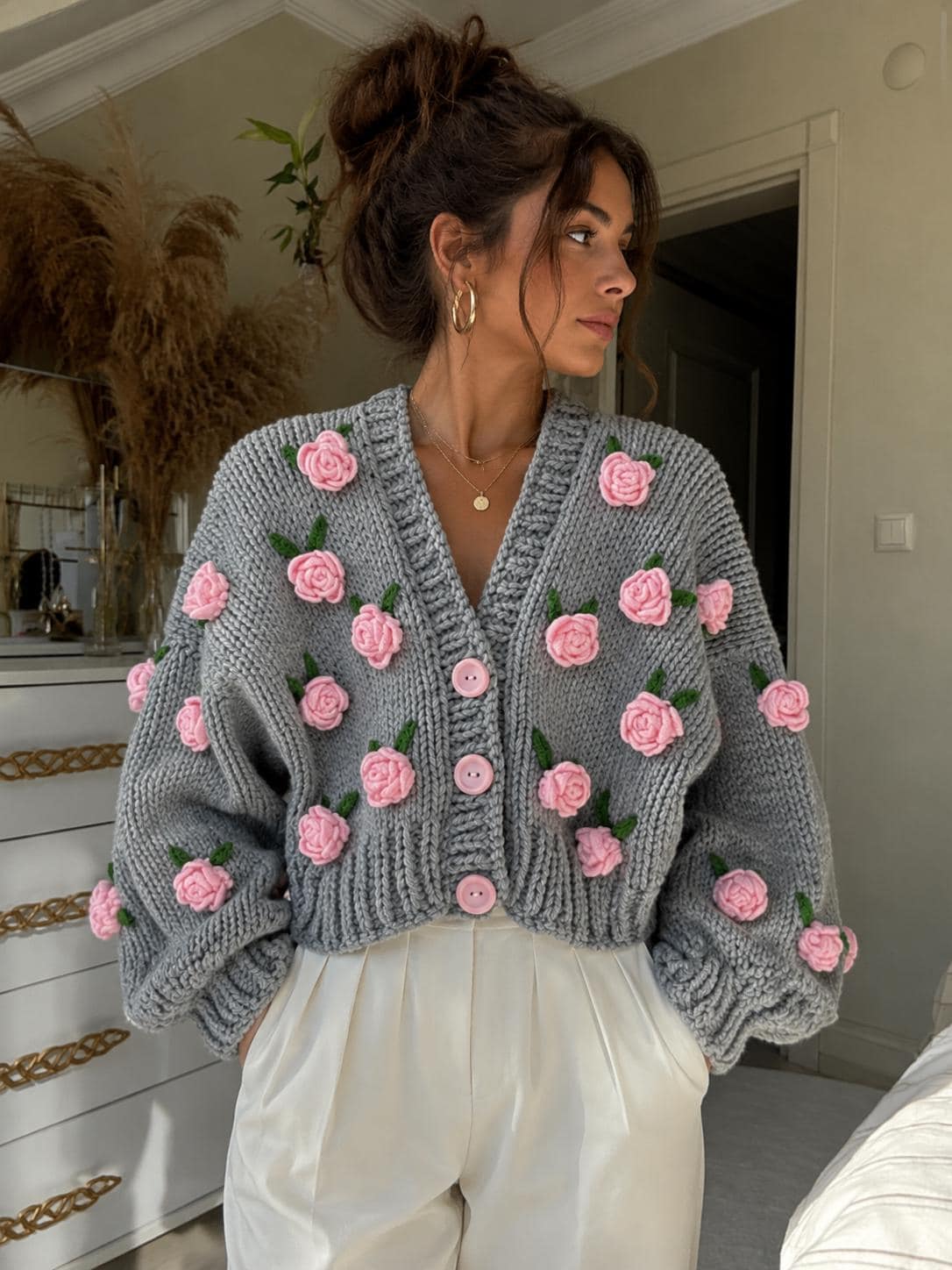 Handmade Gray,pink Rose Cardigan, Gray Chunky Knit Sweater