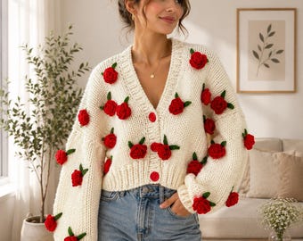 Summer Rose , Red Rose ,rose Embroidered Knit Cardigan , Woman