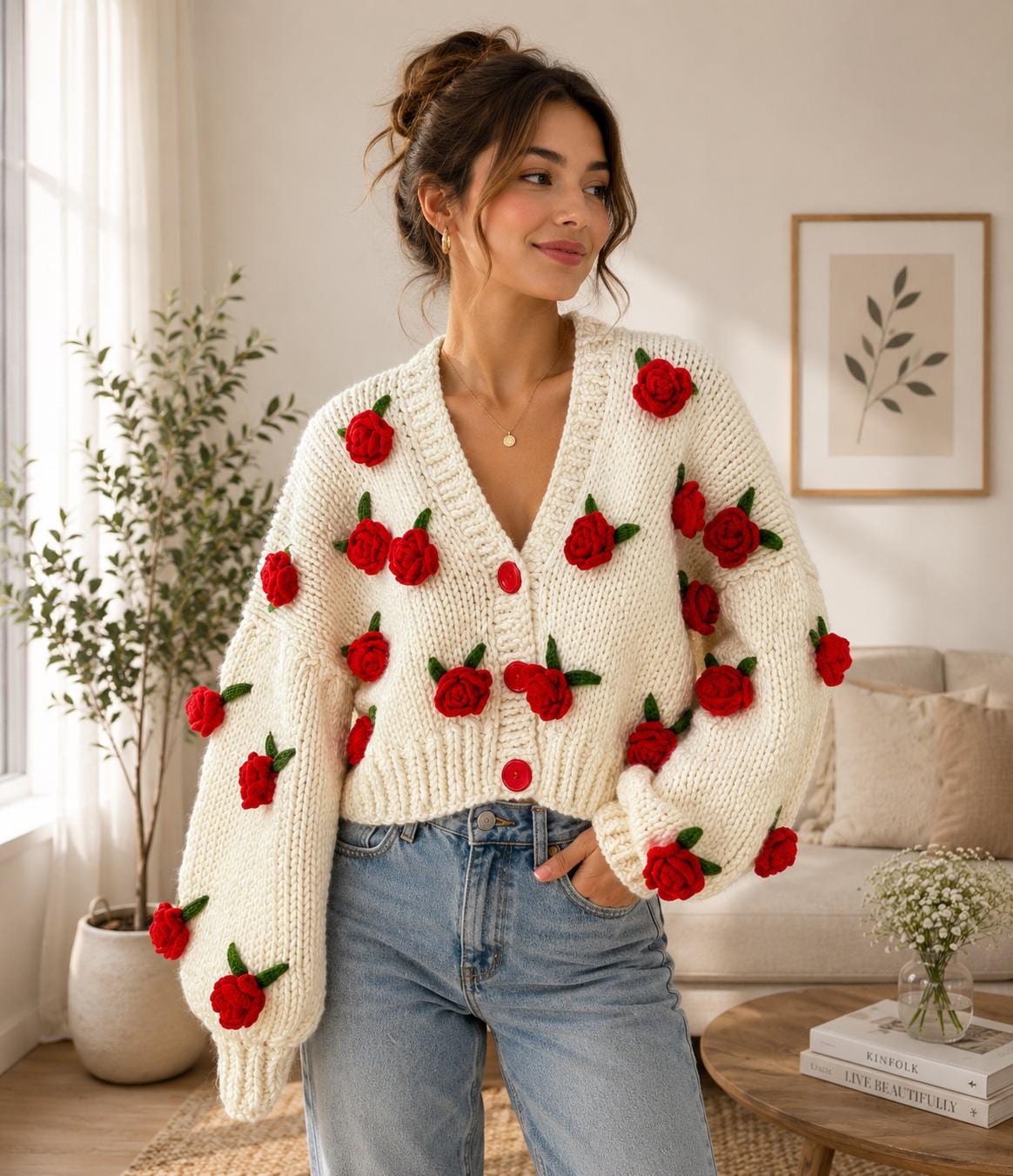 Summer Rose , Red Rose ,rose Embroidered Knit Cardigan , Woman
