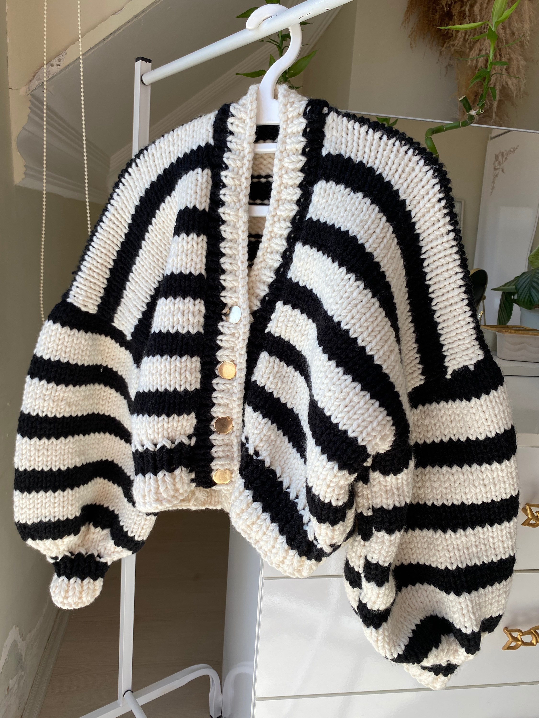 Hand Knit Zebra Stripe Crop Cardigan, Oversized Chunky Knit