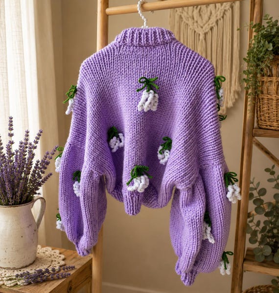 Handmade Lavender Cardigan With 3D Flowers, Chunky Knit Crop