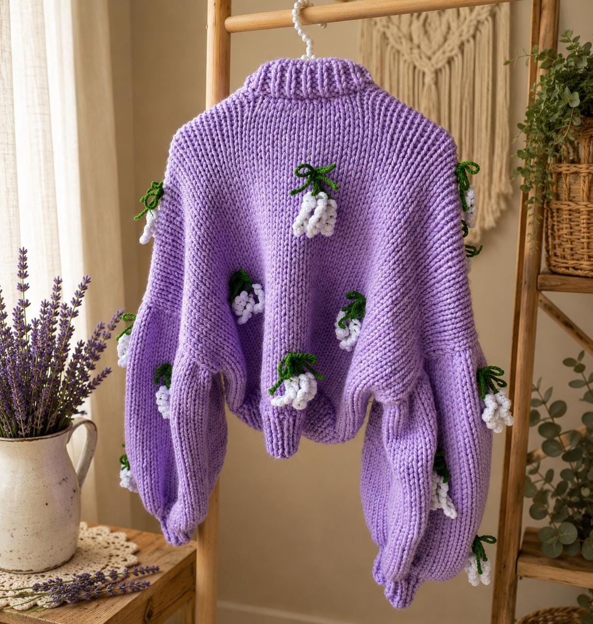 Handmade Lavender Cardigan With 3D Flowers, Chunky Knit Crop