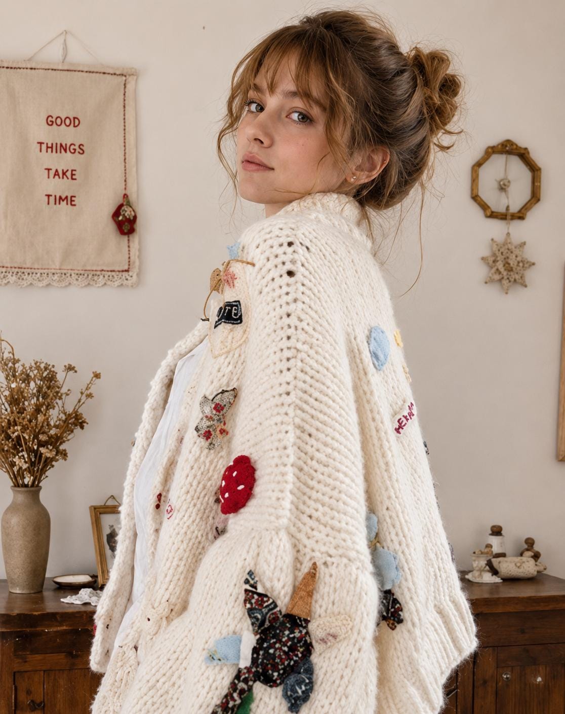 Handmade Oversized Patchwork Cardigan, Chunky Knit Cottagecore