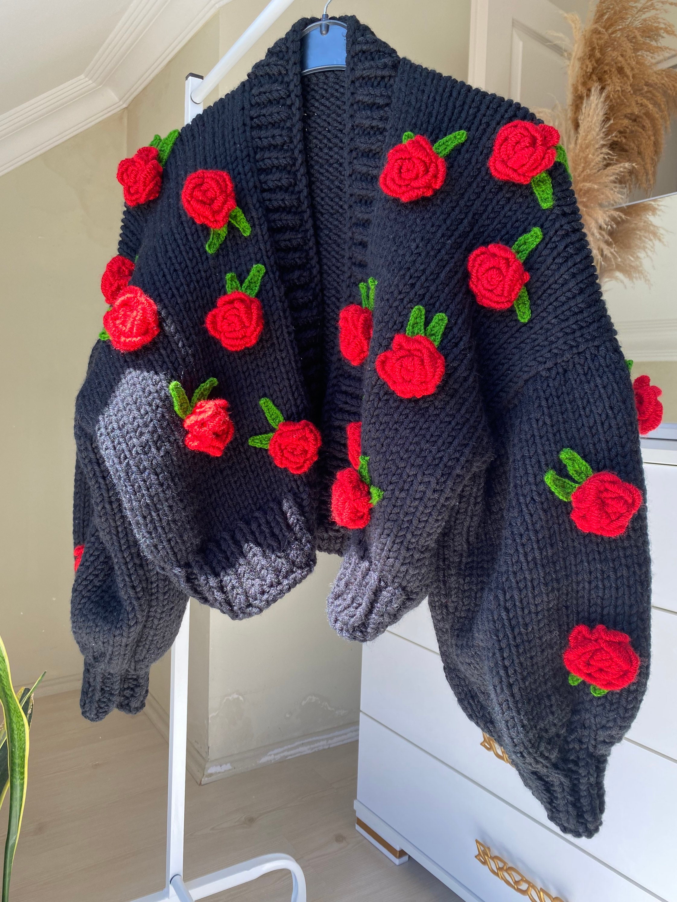 Leilayca,rosa 'Mister lincoln' Chunky jacket,rose Embroidered Jacket for Woman,3D Floral Sweater, Unique Oversize cardigan,valentine's Day Leilayca,rosa 'Mister lincoln' Chunky jacket,rose Embroidered Jacket for Woman,3D Floral Sweater, Unique Oversize cardigan,valentine's Day