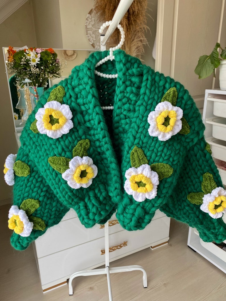 Dark Green Lotus Flower Jacket Chunky Cardigan Fluffy Etsy