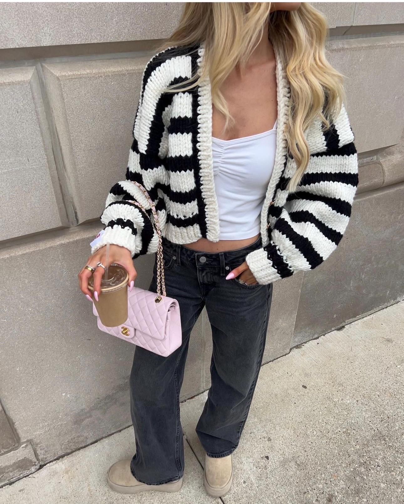 Leilayca Balloon Sleeve Black and White Striped Sweater Crop Leilayca Balloon Sleeve Black and White Striped Sweater Crop