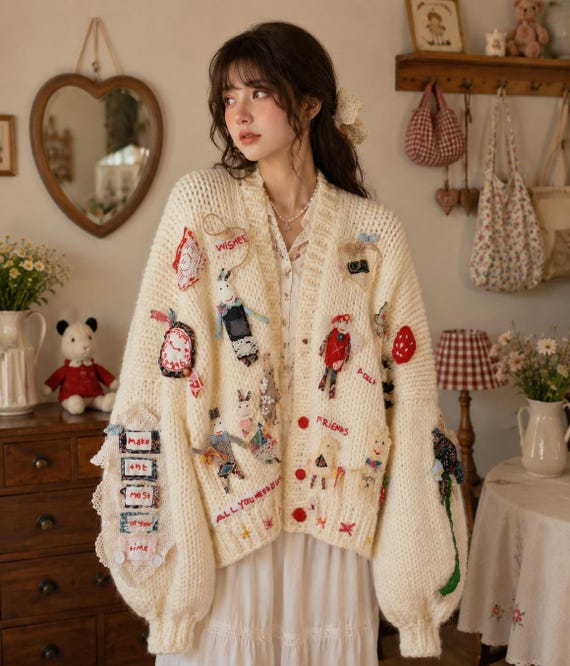 Handmade Oversized Patchwork Cardigan, Chunky Knit Cottagecore Sweater, Whimsical Art Cardigan, Fairycore Boho Knitwear - Australia