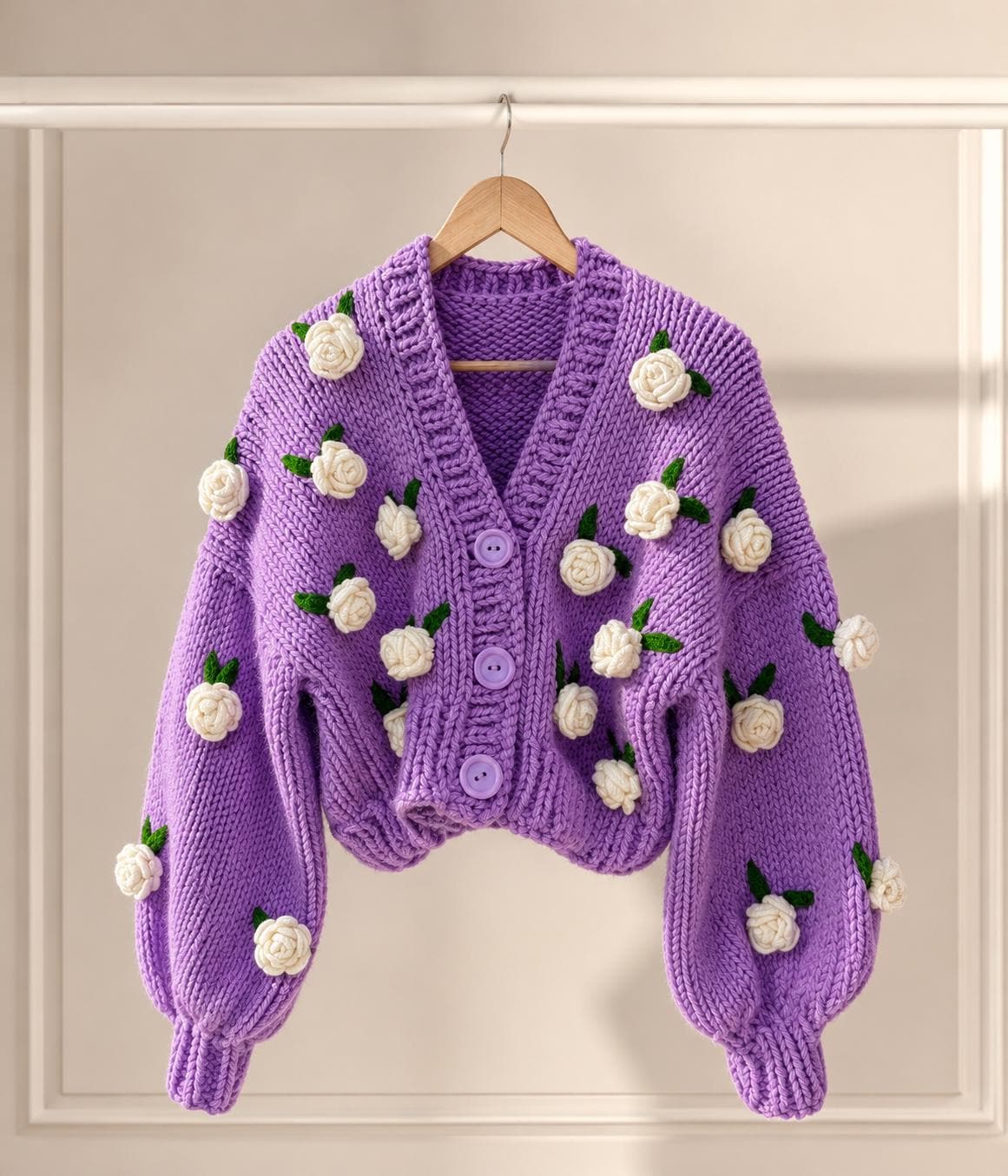 Lavender Rose Cardigan, Chunky Knit Floral Cardigan, Parisian