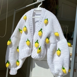 Leilayca Lemon Cardigan , 3D Lemon Embroidered Sweater , 3D Fruit Embroidered Sweater , Chunky Crop Cardigan , Fruit Halloween Costume