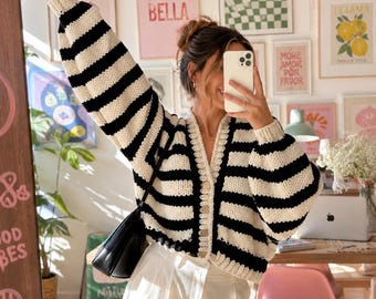 Hand Knit Zebra Stripe Crop Cardigan, Oversized Chunky Knit