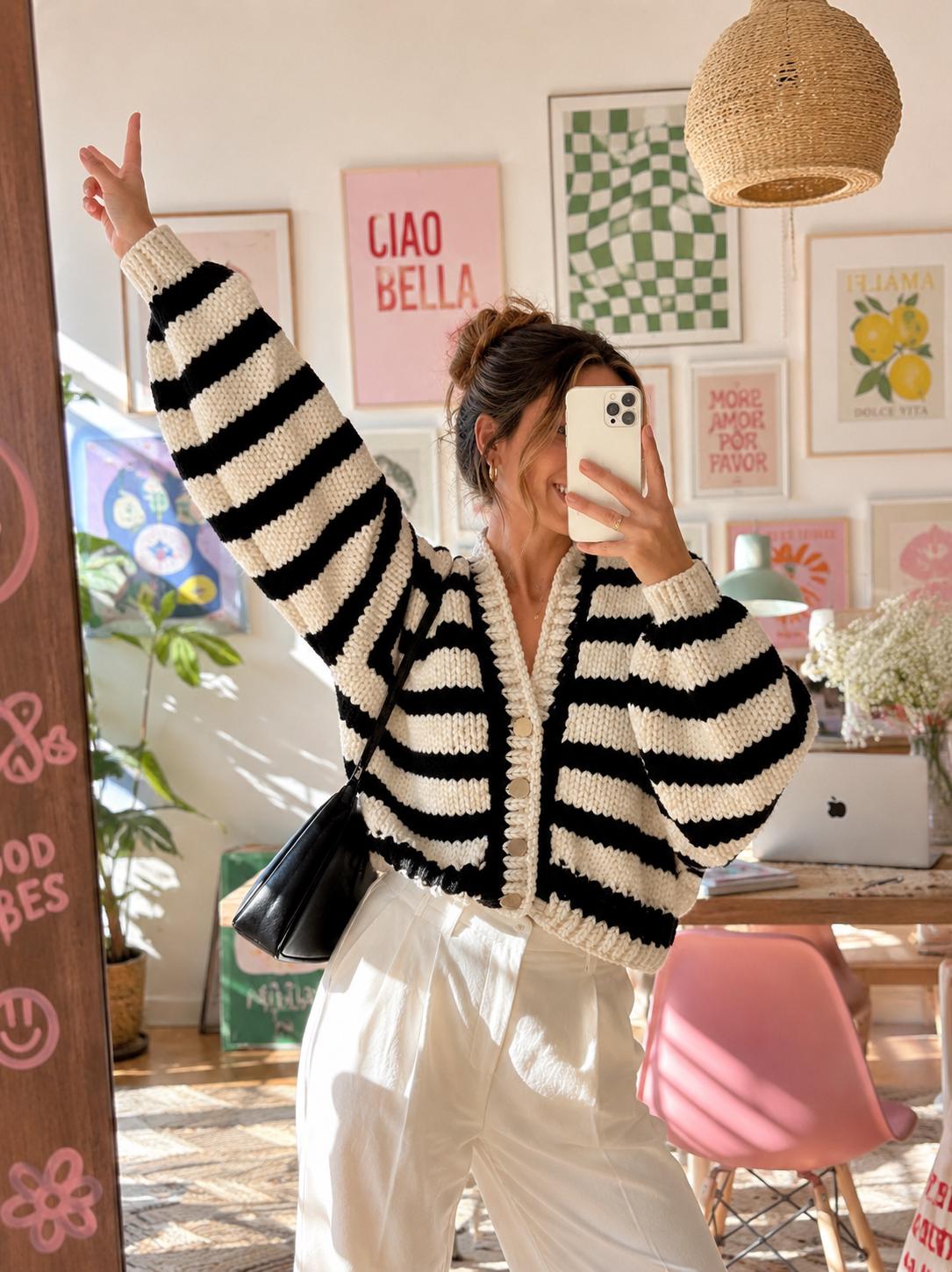 Hand Knit Zebra Stripe Crop Cardigan, Oversized Chunky Knit