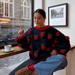 leilayca Handmade Navy Blue Sweater With Red Roses,Handmade Floral Knit Pullover,Cozy Cottagecore Jumper,Gift For Woman Gift For valentine's