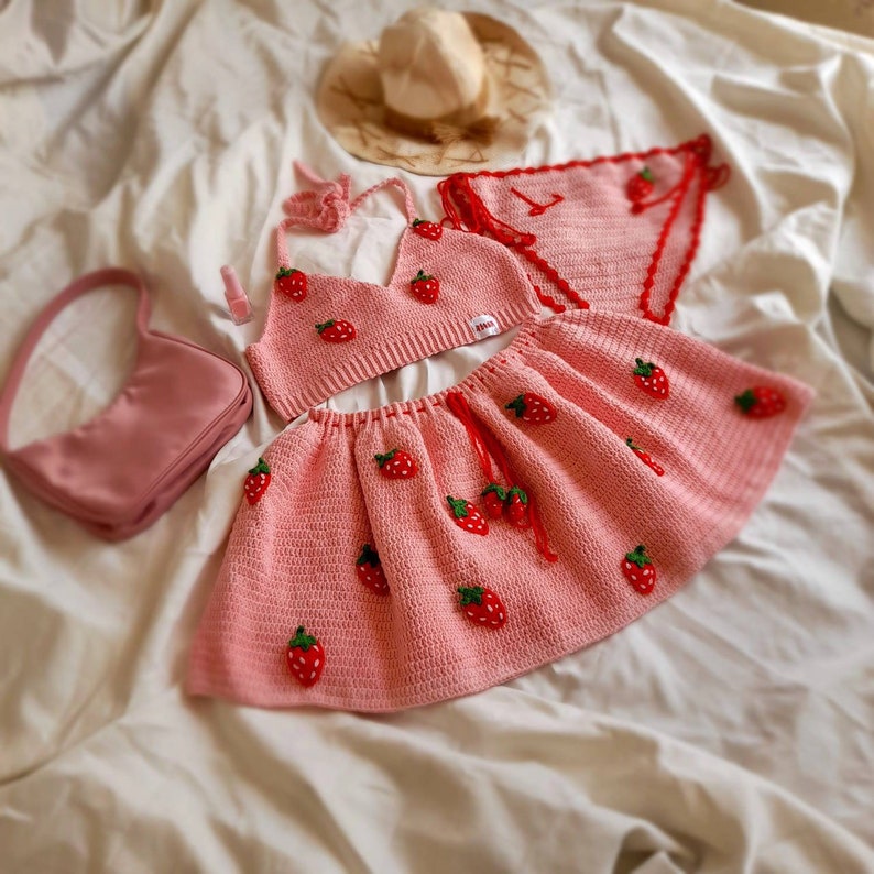 Leilayca strawberry summer set bikini suit crochet swimsuit crochet strawberry pattern crochet circle skirt kawaii clothes image 4