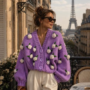 Lavender Rose Cardigan, Chunky Knit Floral Cardigan, Parisian