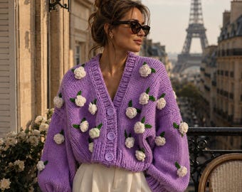 Lavender Rose Cardigan, Chunky Knit Floral Cardigan, Parisian