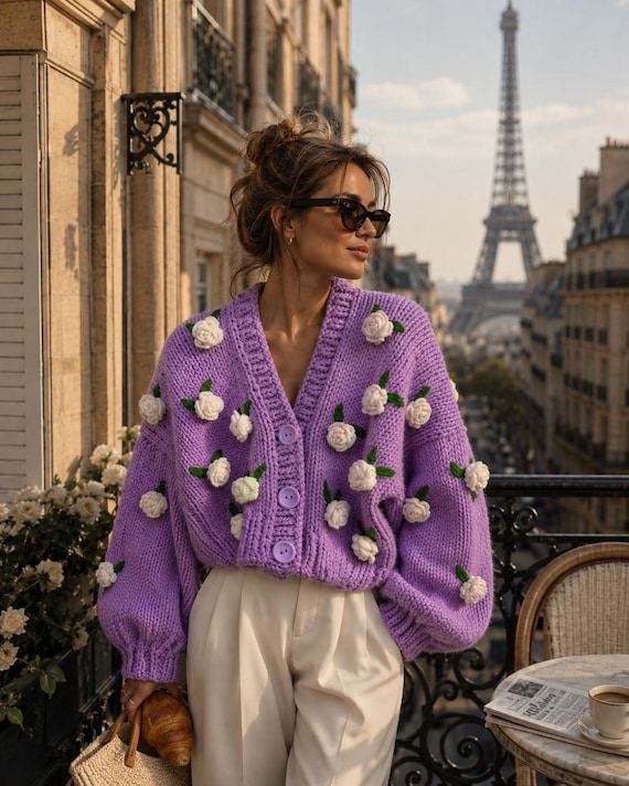 Lavender Rose Cardigan, Chunky Knit Floral Cardigan, Parisian