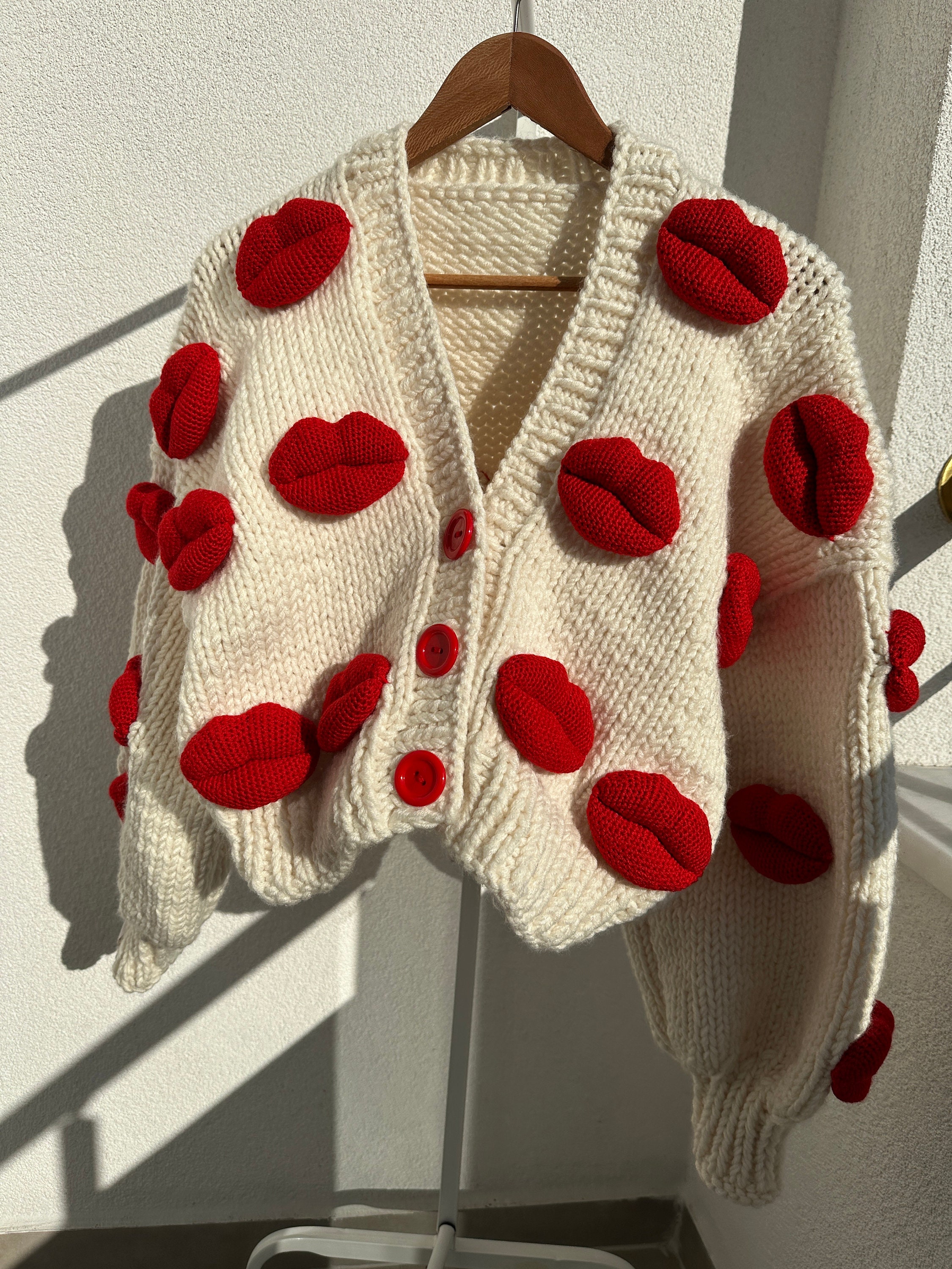 Chunky Knit Lips Cardigan, Handmade Oversized Kiss Sweater, Red