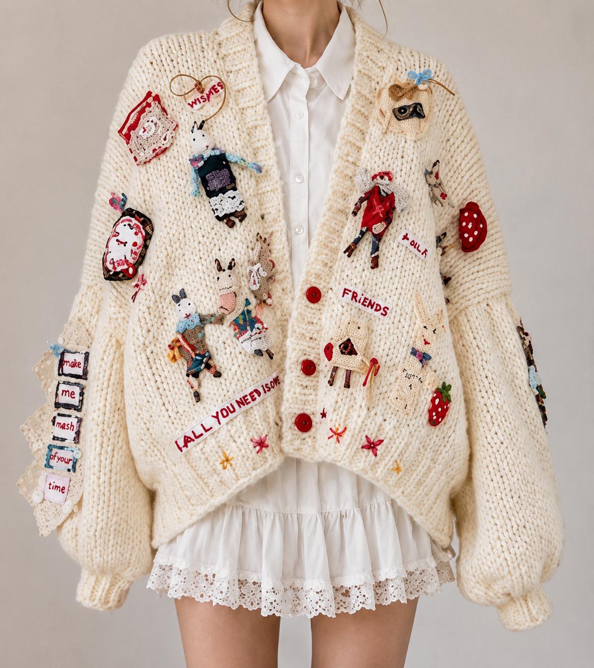 Handmade Oversized Patchwork Cardigan, Chunky Knit Cottagecore