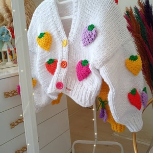 Nautinati Girls Peach Strawberries Embroidered Full Sleeves Acrylic Cardigan Sweater