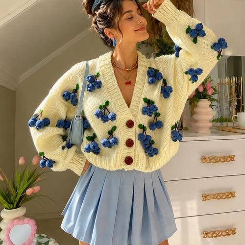 Blueberry Knit Cardigan, Handmade Chunky Crochet Sweater