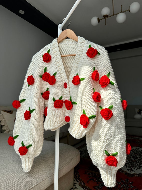 Summer Rose Red Rose rose Embroidered Knit Cardigan Woman - Etsy