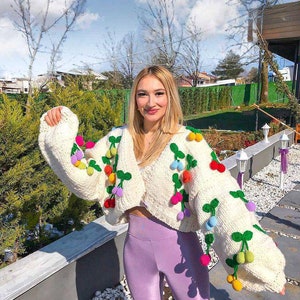 Leilayca Candy cardigan , Crop Cherry cardigan ,3d Cherry embroidered chunky sweater , Oversize Knit Sweater , Chunky cardigan , unique gift