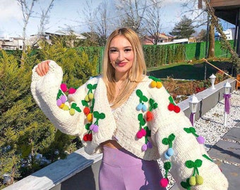 Leilayca Candy cardigan , Crop Cherry cardigan ,3d Cherry embroidered chunky sweater , Oversize Knit Sweater , Chunky cardigan , unique gift