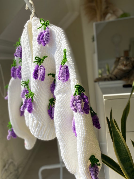 Handmade Lavender Flower Cardigan, Chunky Knit Crop Cardigan