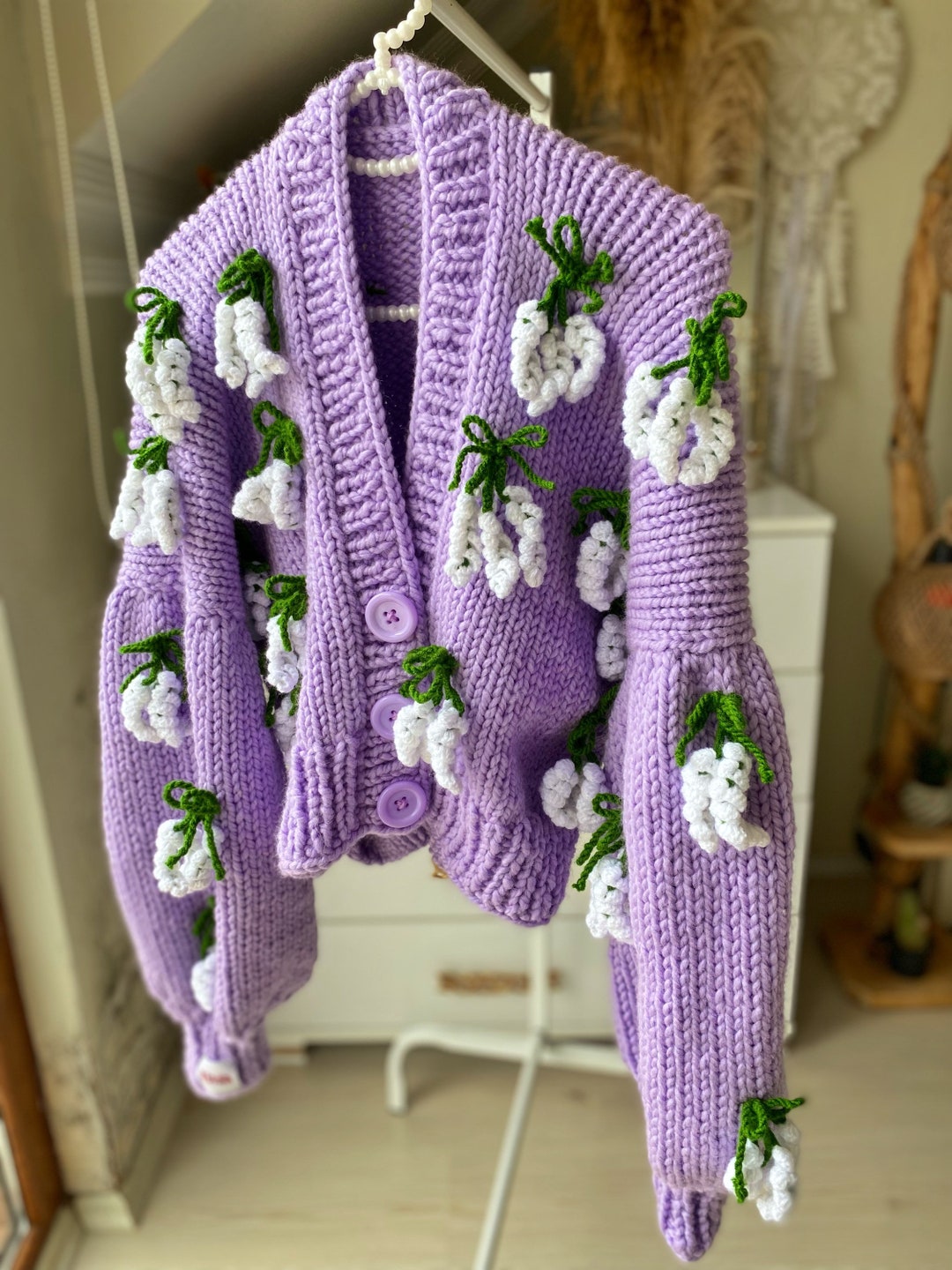 Lilac Lavender Flower Cardigan , 3d Flower Cardigan Oversized Knit