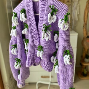 Lilac lavender flower cardigan , 3d flower cardigan | oversized knit cardigan | unique Lavender gifts  | Knit  sweater | chunky cardigan |